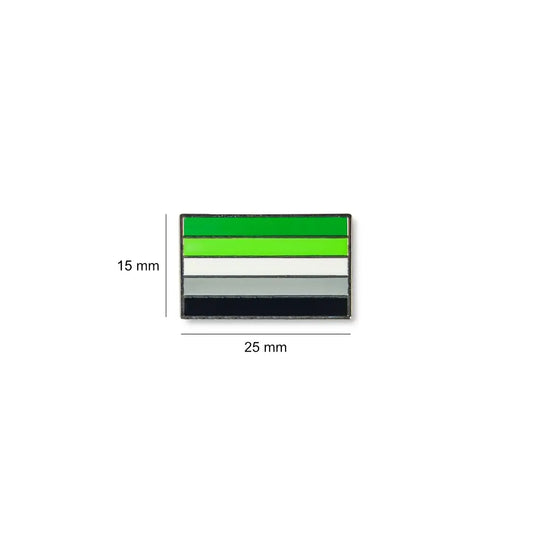 Aromantic flag lapel pin with horizontal green, light green, white, gray, and black stripes, sized at 25mm by 15mm.