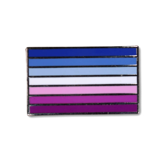 Striped pin with blue, light blue, pink, and purple horizontal stripes on a white background
