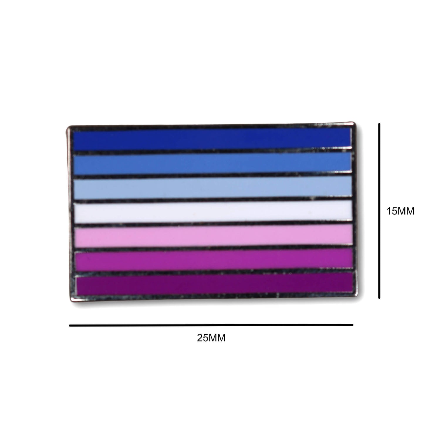 Transgender pride flag lapel pin with dimensions on a white background