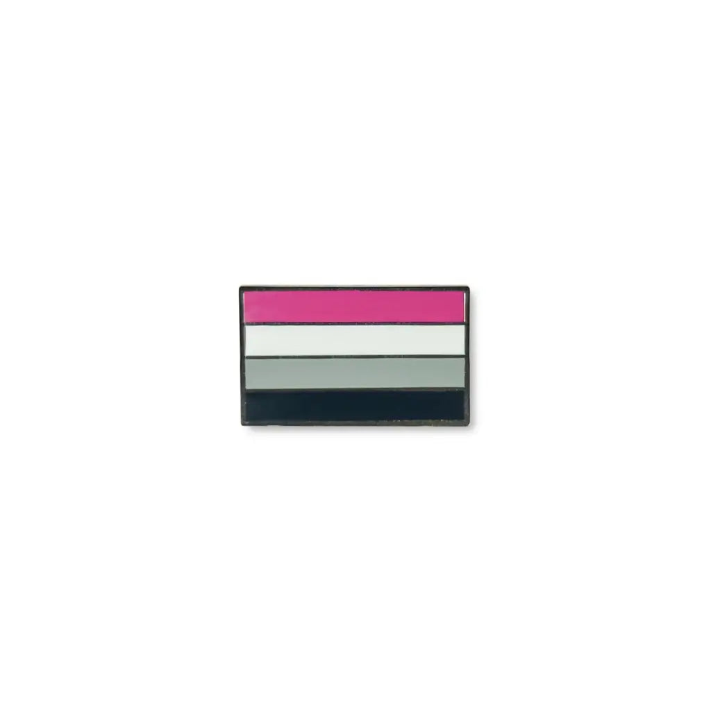 Striking asexual pride lapel pin with four horizontal stripes in purple, black, gray and white.