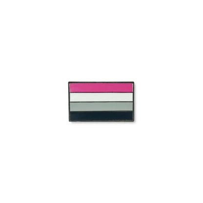 Striking asexual pride lapel pin with four horizontal stripes in purple, black, gray and white.