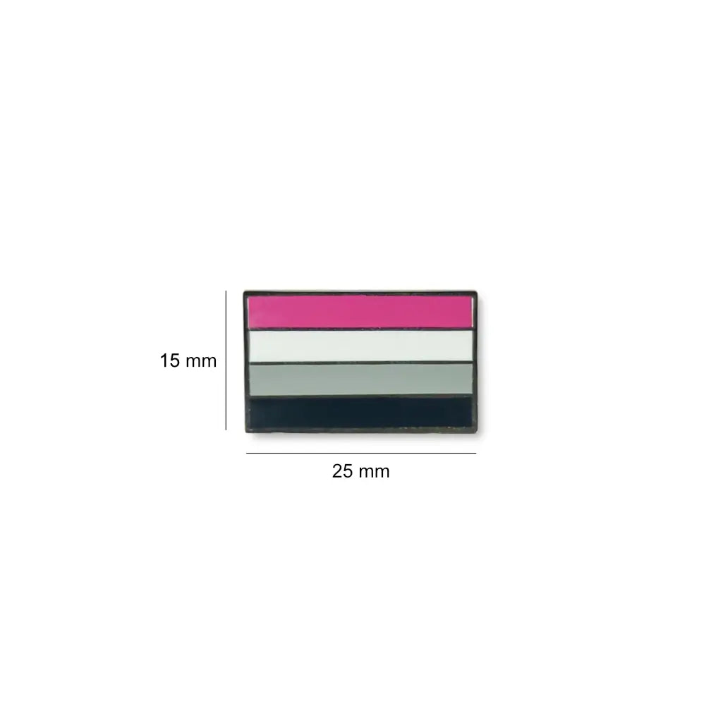 Asexual pride lapel pin, sized 25mm x 15mm, with bold horizontal stripes in black, gray, white, and purple enamel.