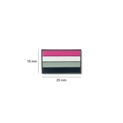 Asexual pride lapel pin, sized 25mm x 15mm, with bold horizontal stripes in black, gray, white, and purple enamel.
