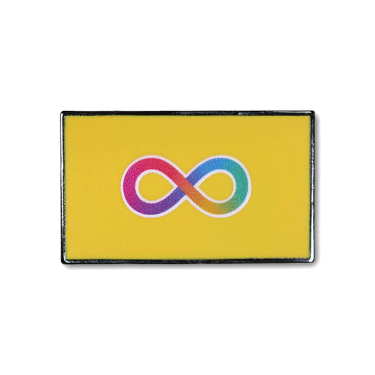 Yellow flag with a rainbow infinity symbol on a white background