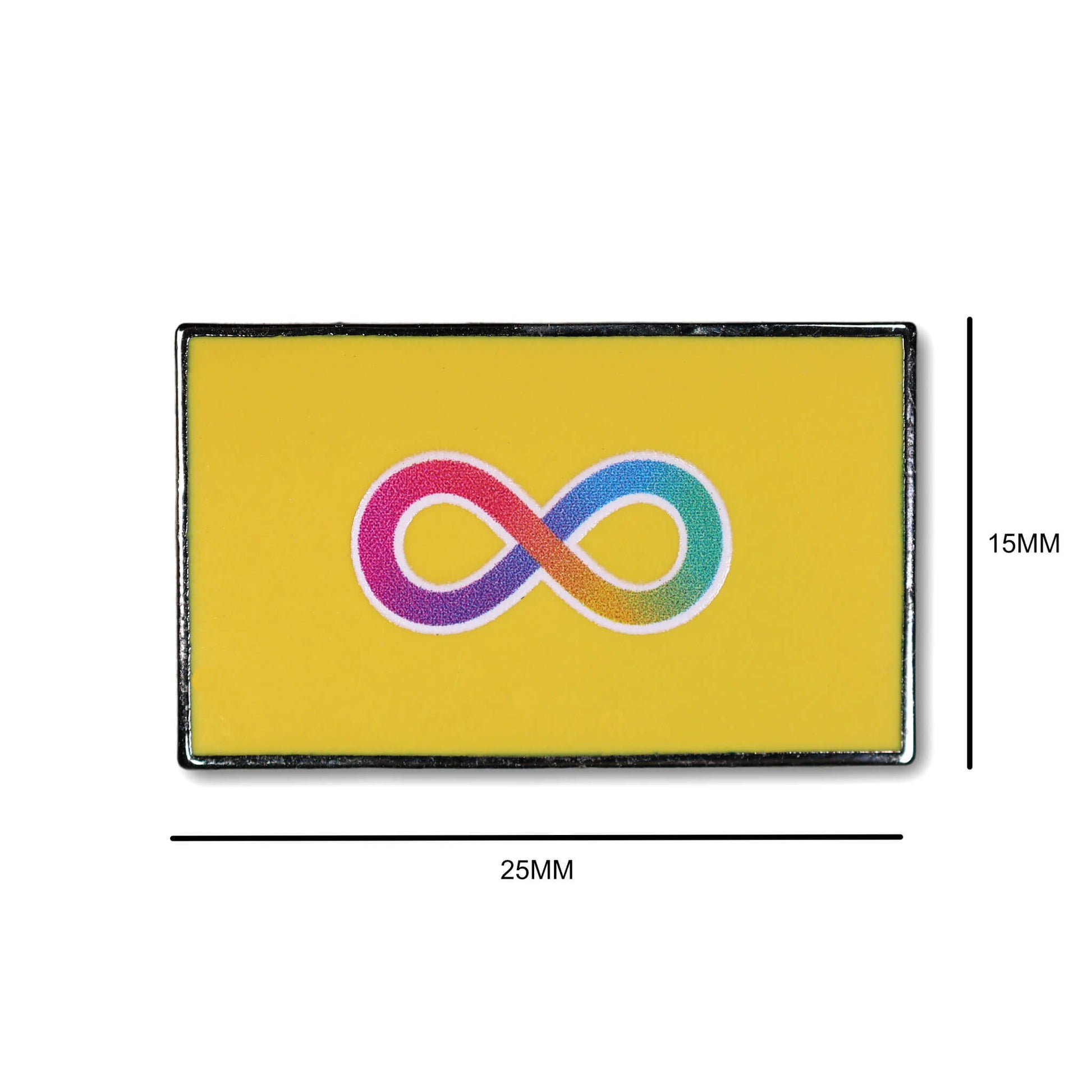 Multicolored infinity symbol on a yellow background with dimensions indicated.