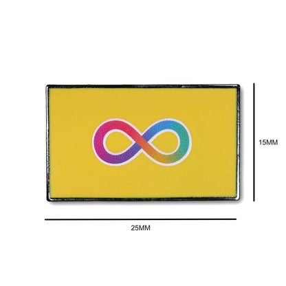 Multicolored infinity symbol on a yellow background with dimensions indicated.