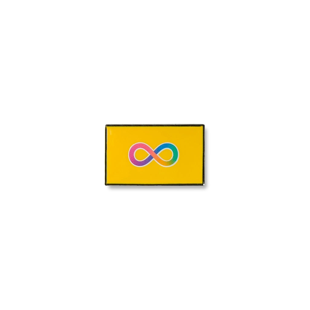 Autistic pride lapel pin featuring a bright yellow rectangular background with a central rainbow infinity symbol.