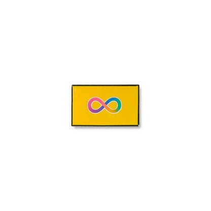 Autistic pride lapel pin featuring a bright yellow rectangular background with a central rainbow infinity symbol.
