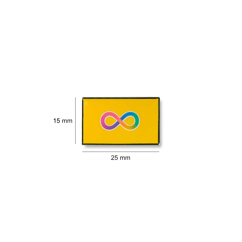 Autistic pride lapel pin with a bright yellow background and a multicolored infinity symbol in pink, purple, blue, and green, 25mm by 15mm.