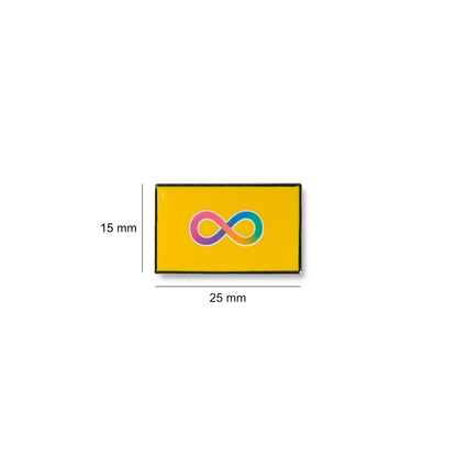 Autistic pride lapel pin with a bright yellow background and a multicolored infinity symbol in pink, purple, blue, and green, 25mm by 15mm.