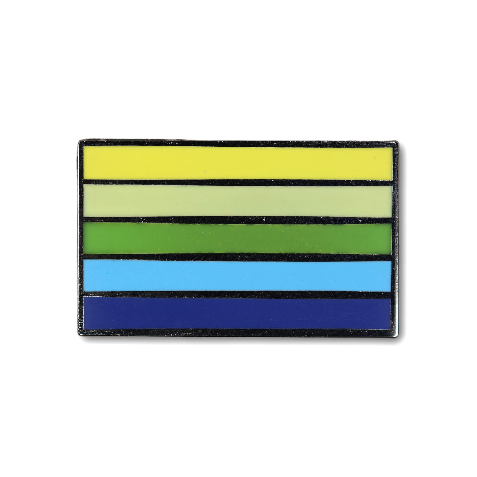 Rectangular badge with horizontal stripes in yellow, green, blue, and black on a white background