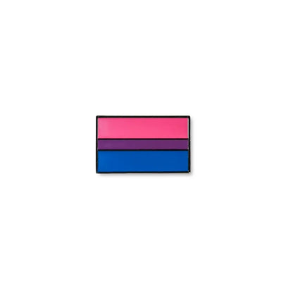 Bright bisexual pride lapel pin with vibrant horizontal bands in pink, purple, and blue.