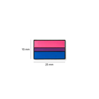 Bisexual flag lapel pin in a clean rectangular shape, featuring vibrant pink, purple, and blue horizontal stripes, measuring 25mm x 15mm.