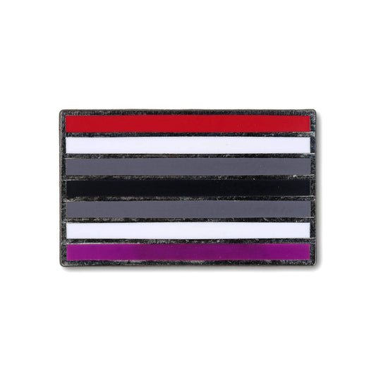 Striped patch with red, gray, white, and purple horizontal stripes on a white background
