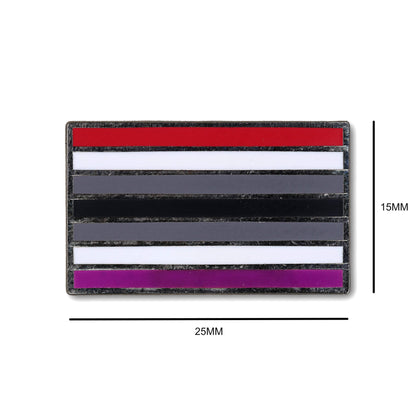 Striped patch with red, gray, white, and purple colors on a white background