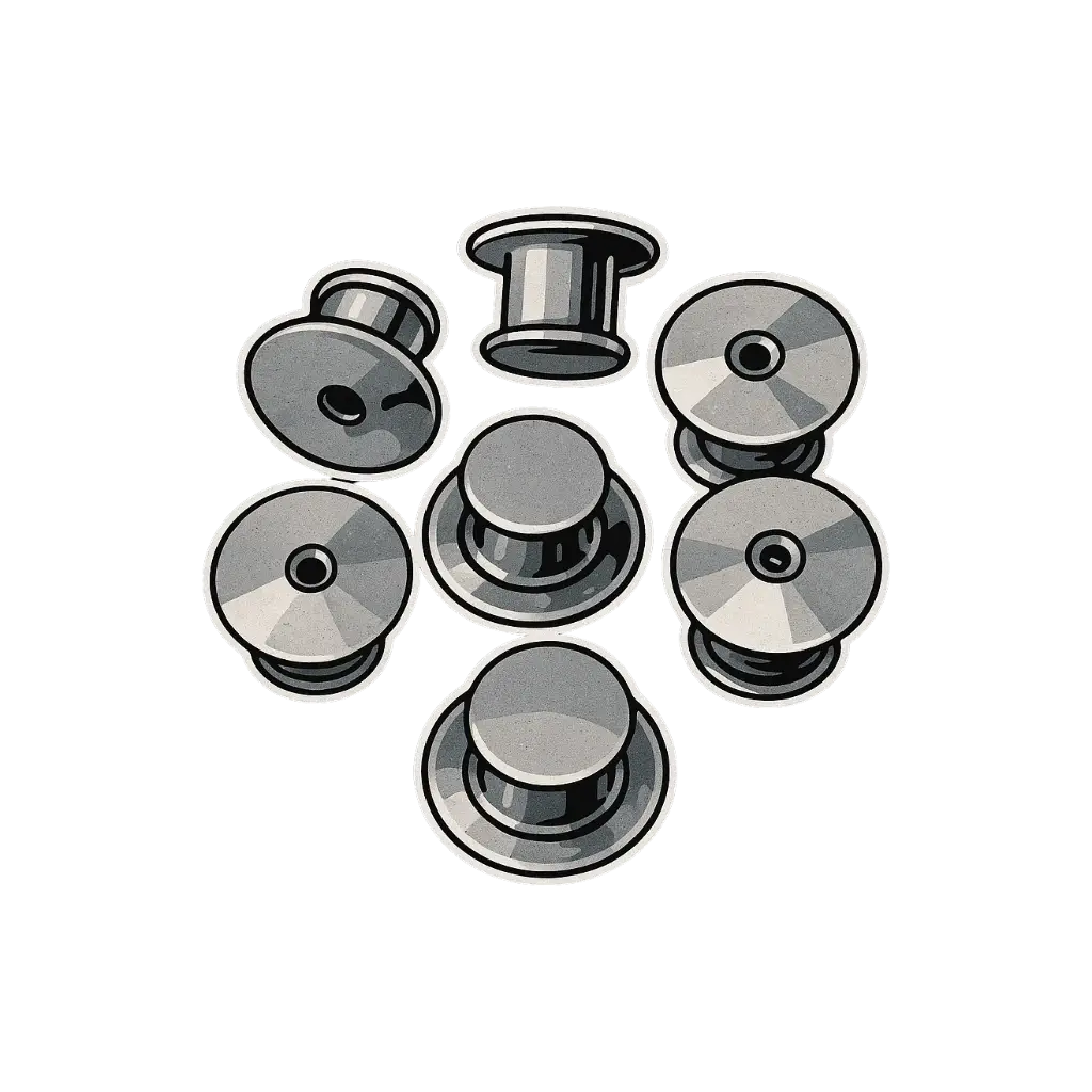 Set of metallic locking pin clutches on a white background