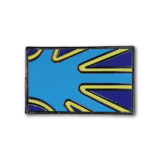 Rectangular pin with blue and yellow geometric design on a white background