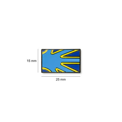 Deaf flag lapel pin measuring 25mm by 15mm, featuring a bright blue enamel background with dynamic yellow and dark blue outlined hand shapes extending from the corne.