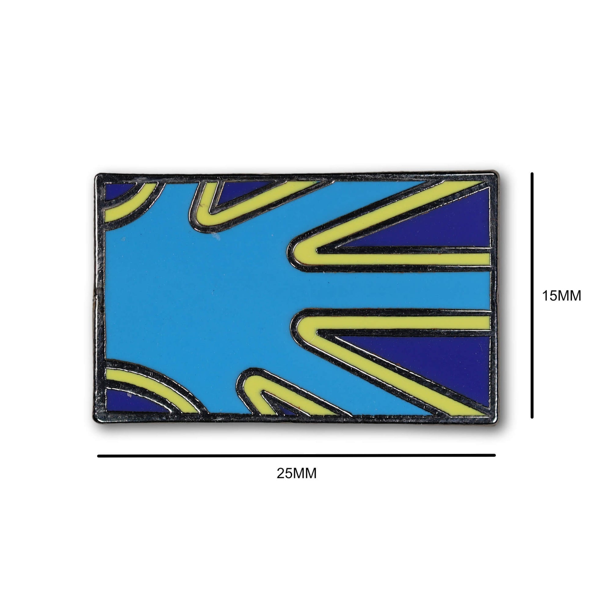 Rectangular badge with blue and yellow design, shown with dimensions on a white background.