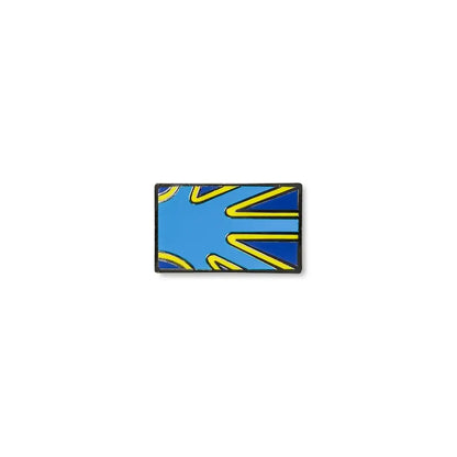 Deaf pride lapel pin with a bold sky-blue background and stylised yellow and navy outlined hand shapes radiating from the left corner.