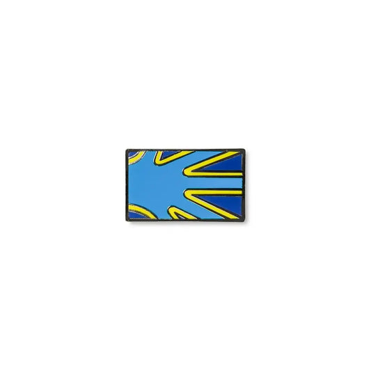 Deaf pride lapel pin with a bold sky-blue background and stylised yellow and navy outlined hand shapes radiating from the left corner.