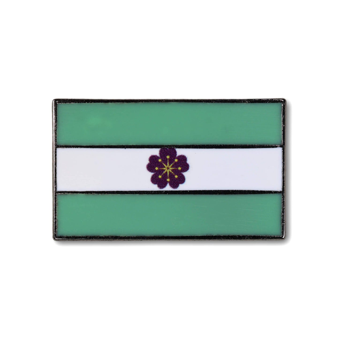 Rectangular flag with green and white stripes and a purple flower in the center on a white background