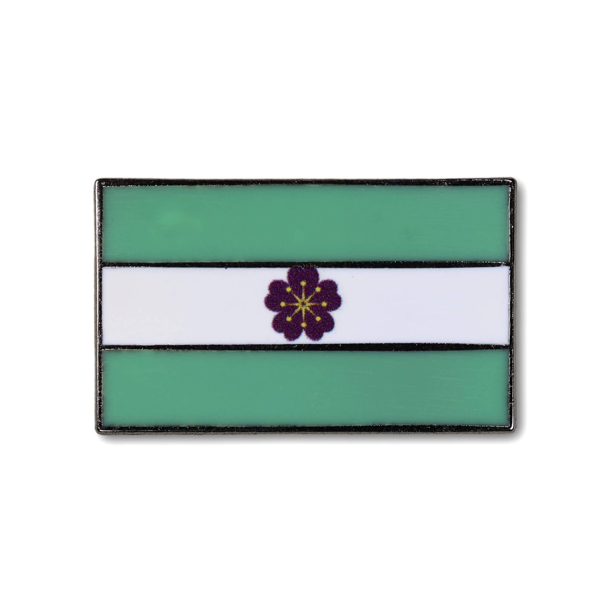 Rectangular flag with green and white stripes and a purple flower in the center on a white background