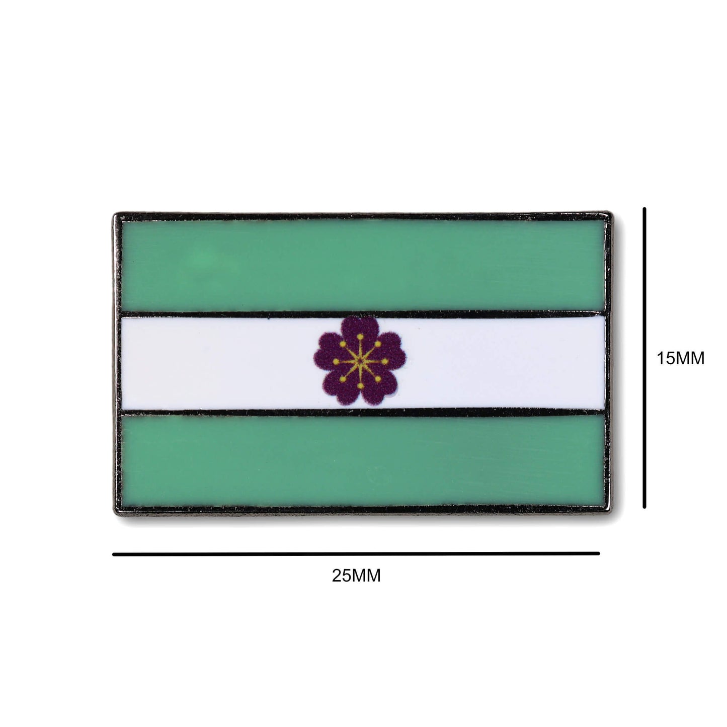 Rectangular flag with a purple flower design on a white background, with dimensions indicated.