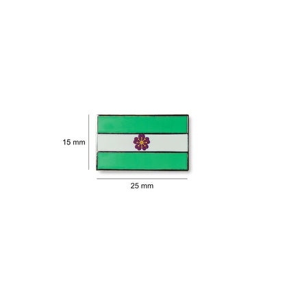 Diamoric lapel pin with a green-white-green striped flag and a central purple flower, displayed with size measurements of 25 mm wide by 15 mm tall.