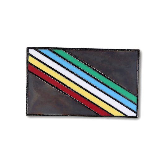 Rectangular leather patch with colorful diagonal stripes on a white background