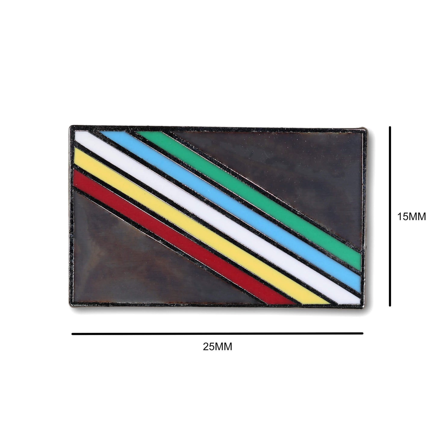 Rectangular metal badge with colorful stripes on a white background