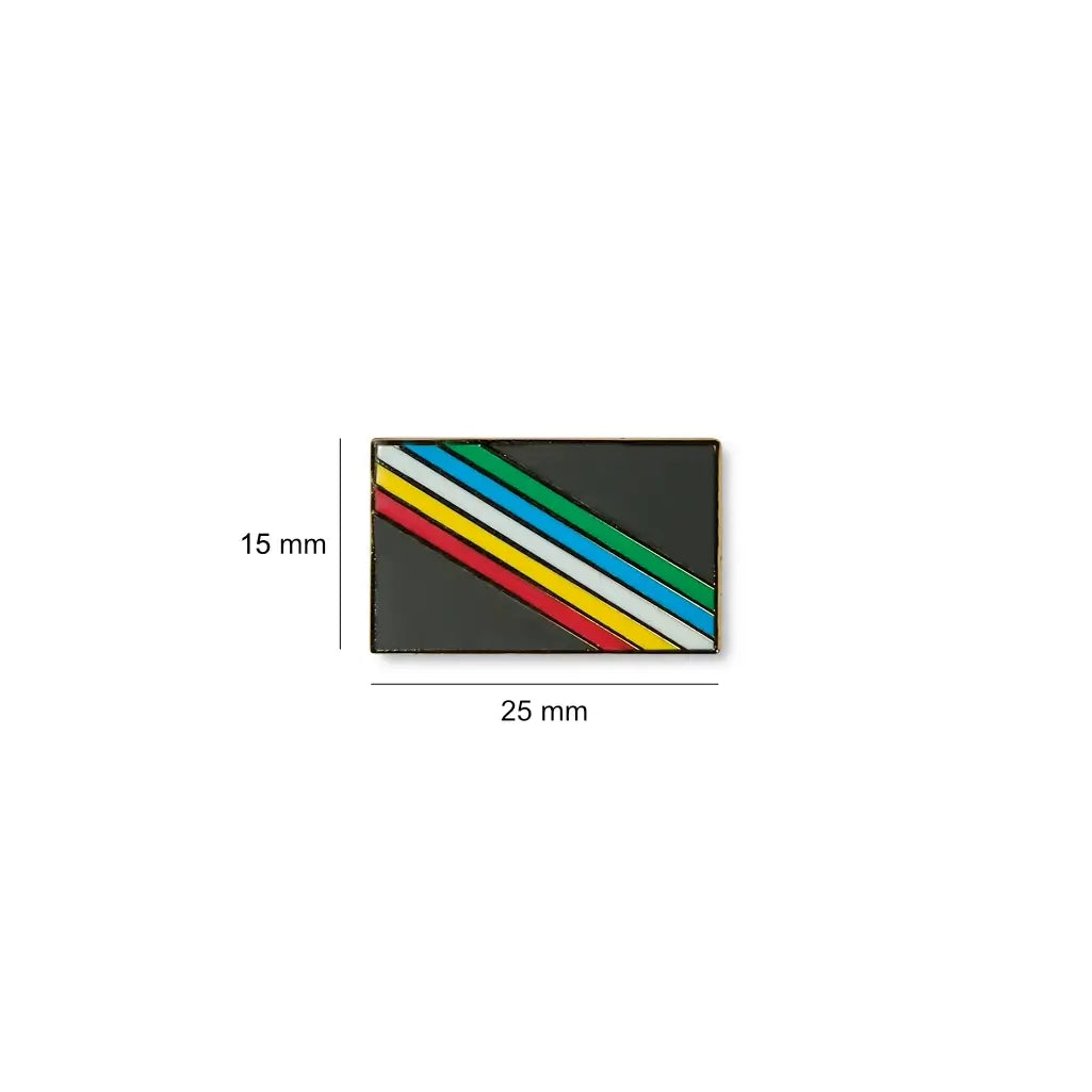 Disability lapel pin with a black background and five diagonal stripes in red, yellow, white, blue, and green.