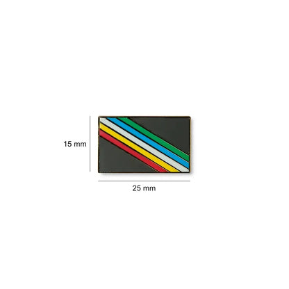 Disability lapel pin with a black background and five diagonal stripes in red, yellow, white, blue, and green.