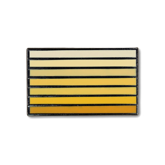 Rectangular badge with horizontal stripes in beige, yellow, and black on a white background