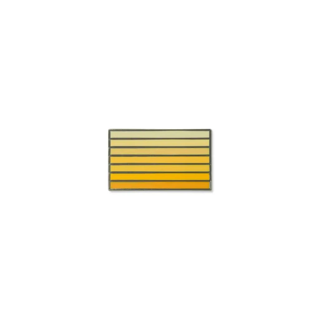 Endometriosis lapel pin featuring a rectangular design with seven horizontal stripes fading from pale yellow at the top to deep yellow at the bottom.