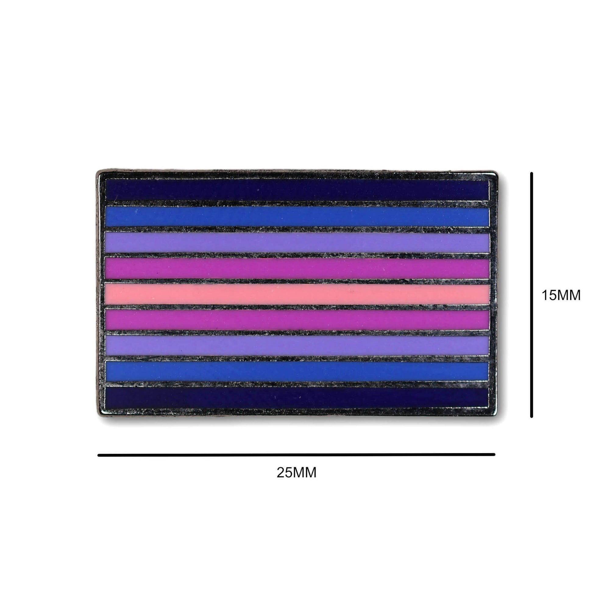 Rectangular pin with horizontal stripes in black, blue, and pink on a white background