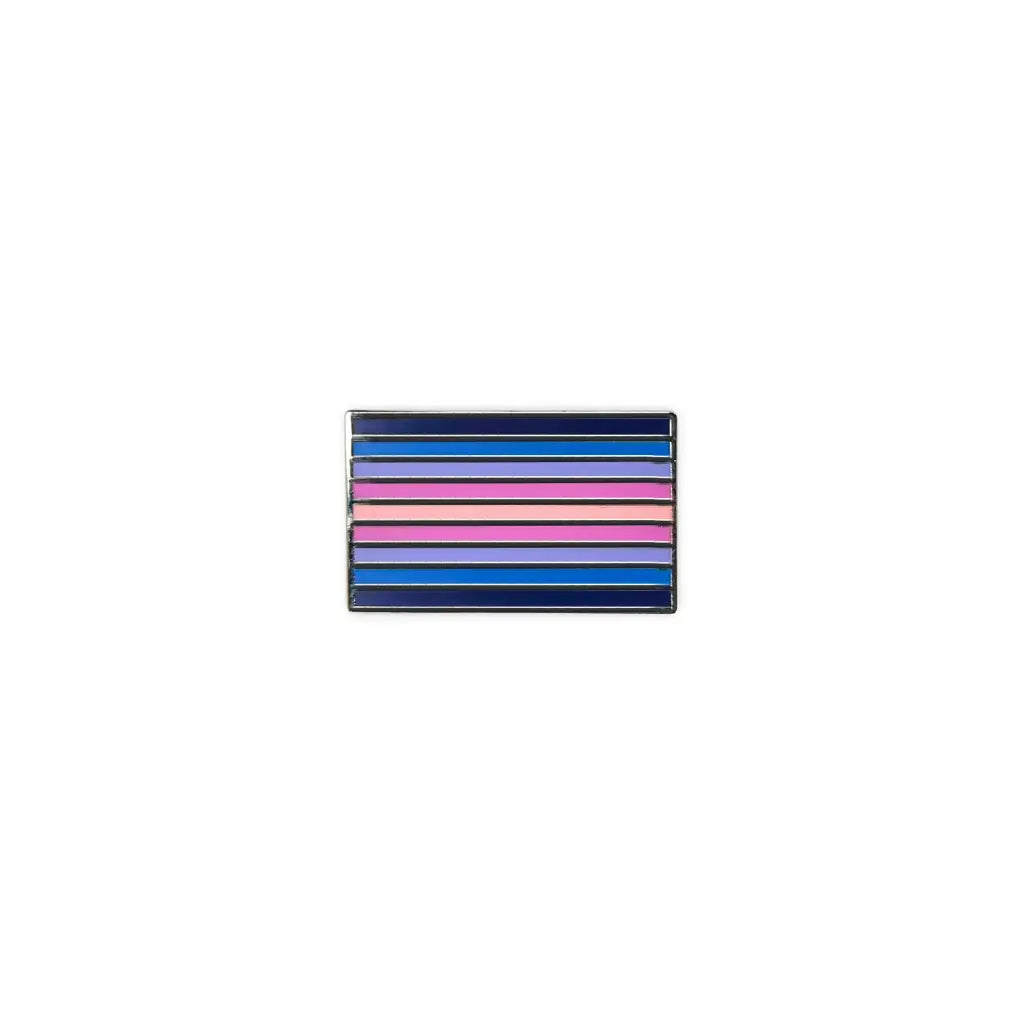 Fibromyalgia lapel pin featuring a bold striped design in deep blue, light blue, lavender, and pink tones, arranged in horizontal bars.
