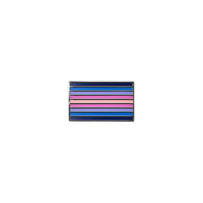 Fibromyalgia lapel pin featuring a bold striped design in deep blue, light blue, lavender, and pink tones, arranged in horizontal bars.
