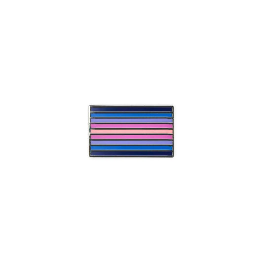 Fibromyalgia lapel pin featuring a bold striped design in deep blue, light blue, lavender, and pink tones, arranged in horizontal bars.