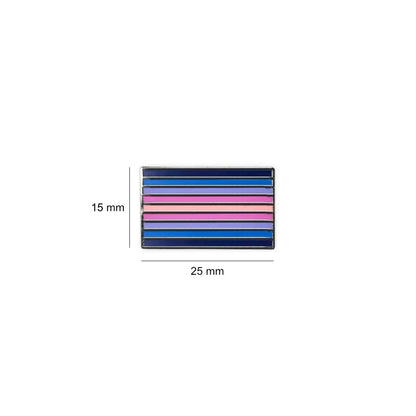 Rectangular Fibromyalgia lapel pin measuring 25mm by 15mm, with alternating horizontal stripes in dark blue, soft pink, and lavender hues.