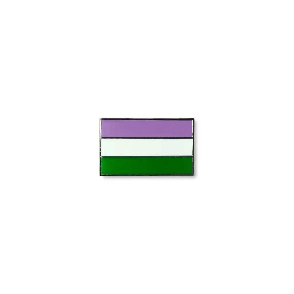 Genderqueer lapel pin featuring three bold horizontal stripes in lavender, white, and dark green.