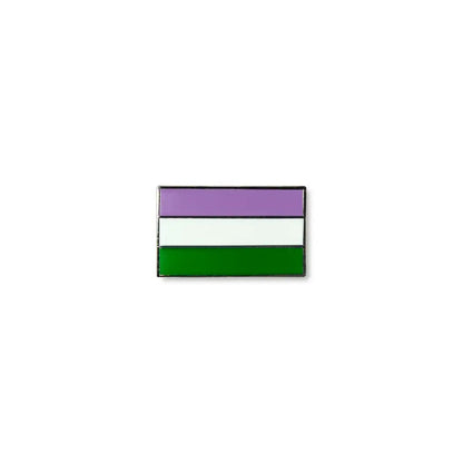 Genderqueer lapel pin featuring three bold horizontal stripes in lavender, white, and dark green.
