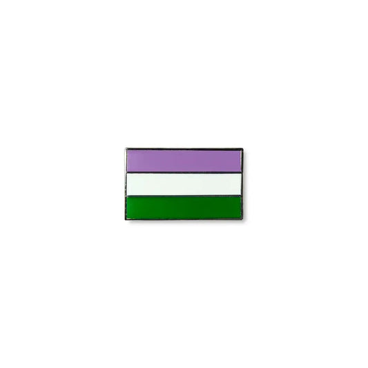 Genderqueer lapel pin featuring three bold horizontal stripes in lavender, white, and dark green.