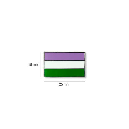 Rectangular Genderqueer lapel pin with lavender, white, and green stripes, shown with size dimensions of 25 mm wide and 15 mm high.