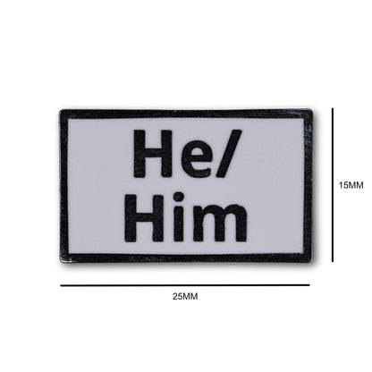 Rectangular patch with 'He/ Him' text on a white background