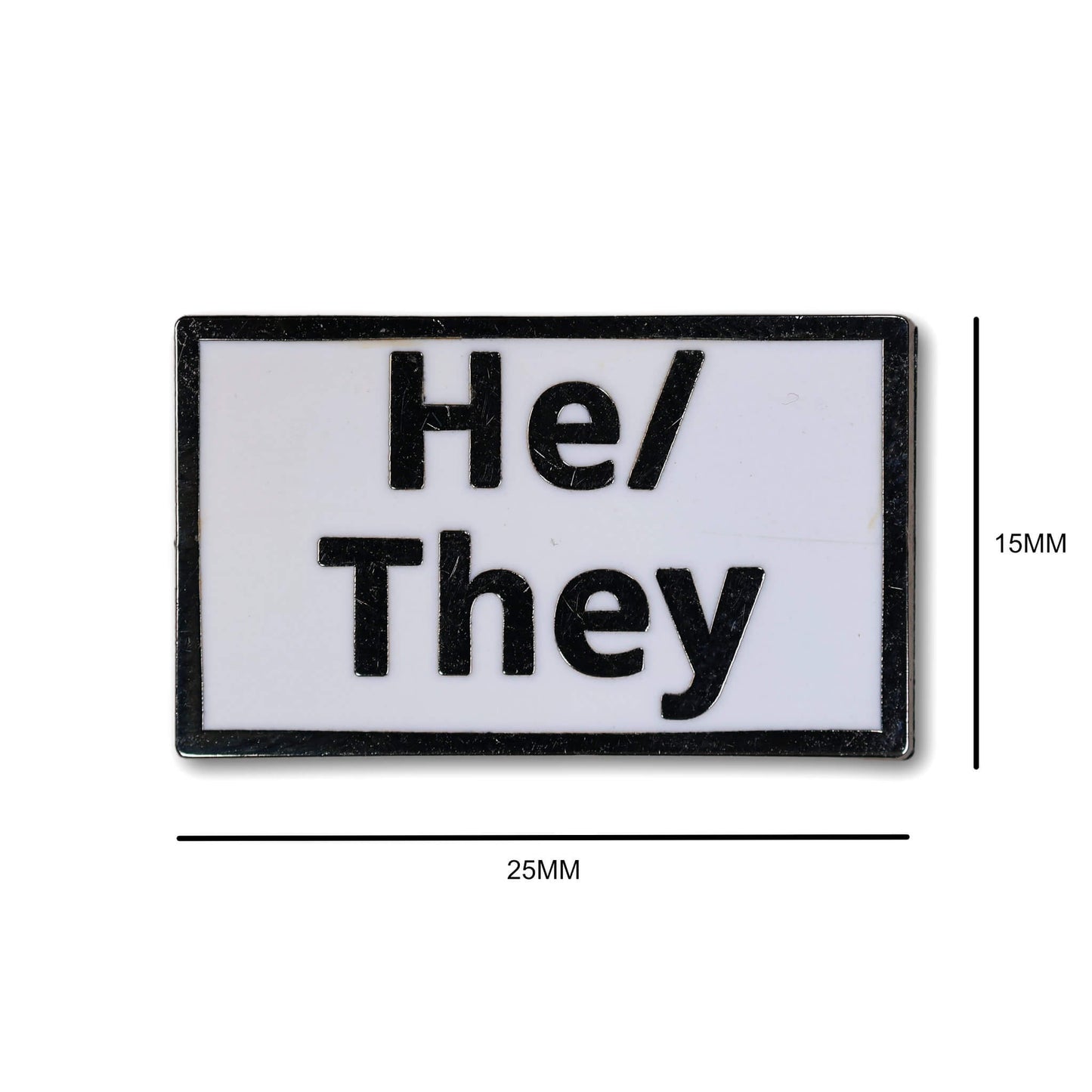 Rectangular patch with 'He/They' text on a white background