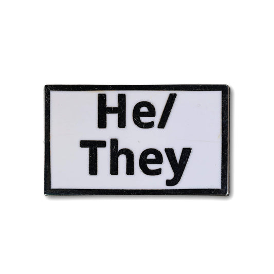 Rectangular patch with 'He/They' text on a white background
