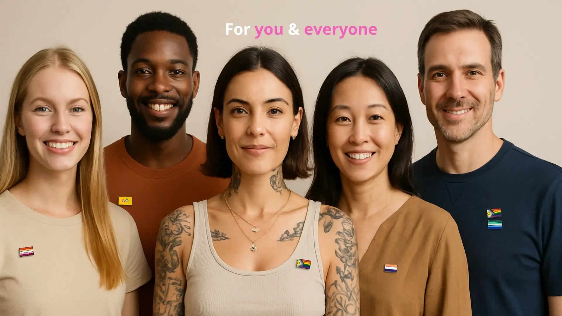 Five people standing together with a neutral background, featuring a message 'For you & everyone'.