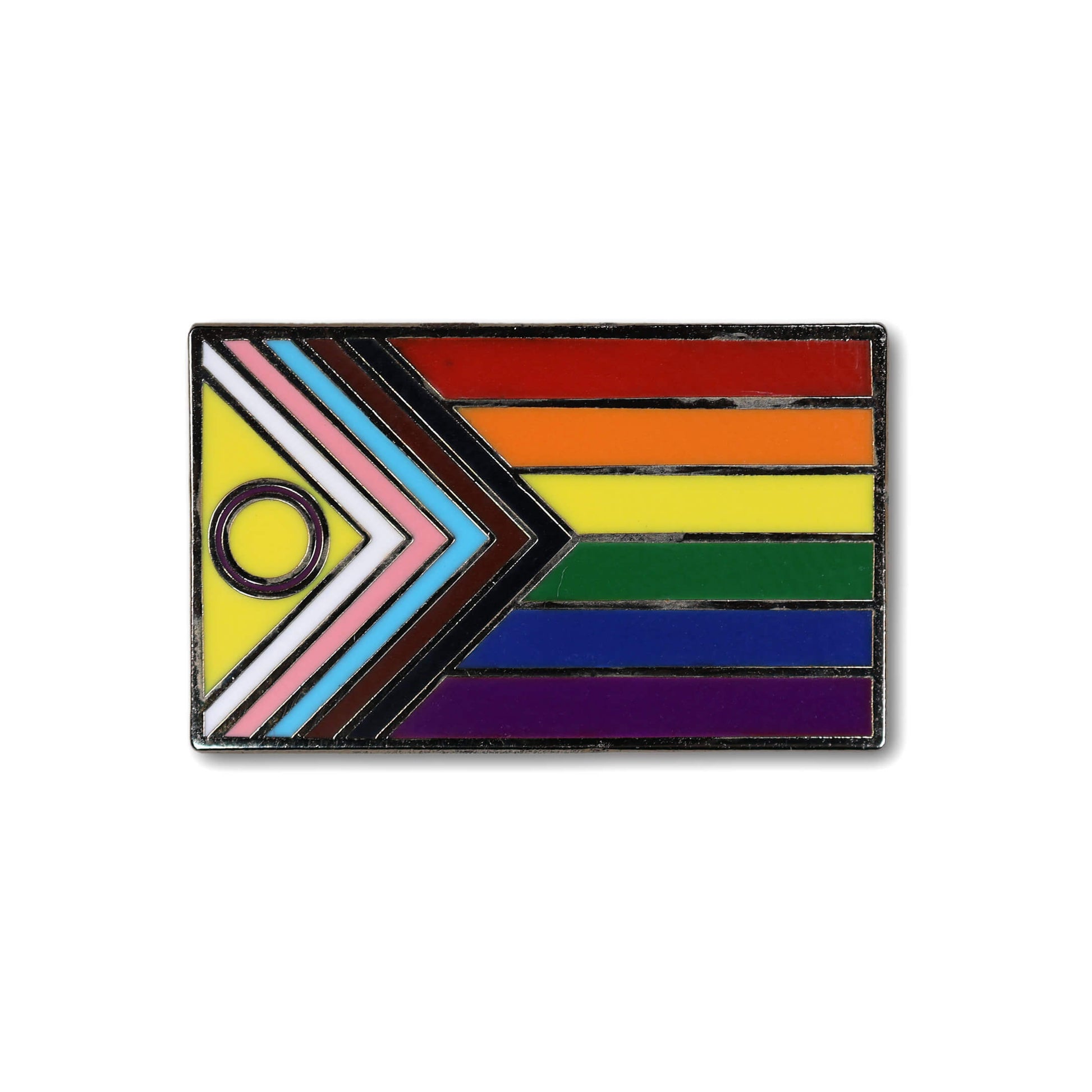 Colorful geometric design pin with rainbow pattern on a white background