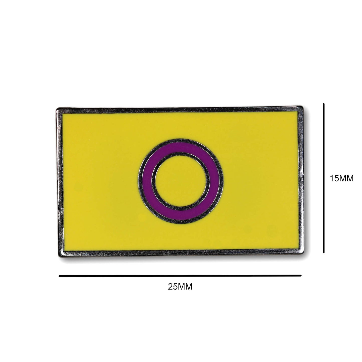 Yellow rectangular pin with a purple circle in the center, dimensions indicated.
